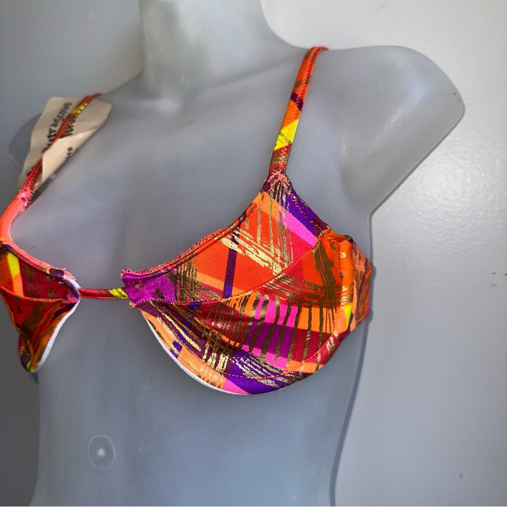 New Old Stock Vintage 90S Neon Orange Gold Foil Sin-Sations Bikini Top Sz S NWT - Picture 2 of 6